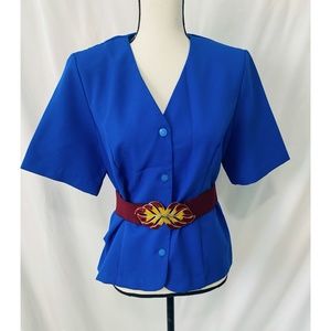 Vintage Anthony Richards 80's Blue Peplum  Top /Blouse w/ Shoulder Pads